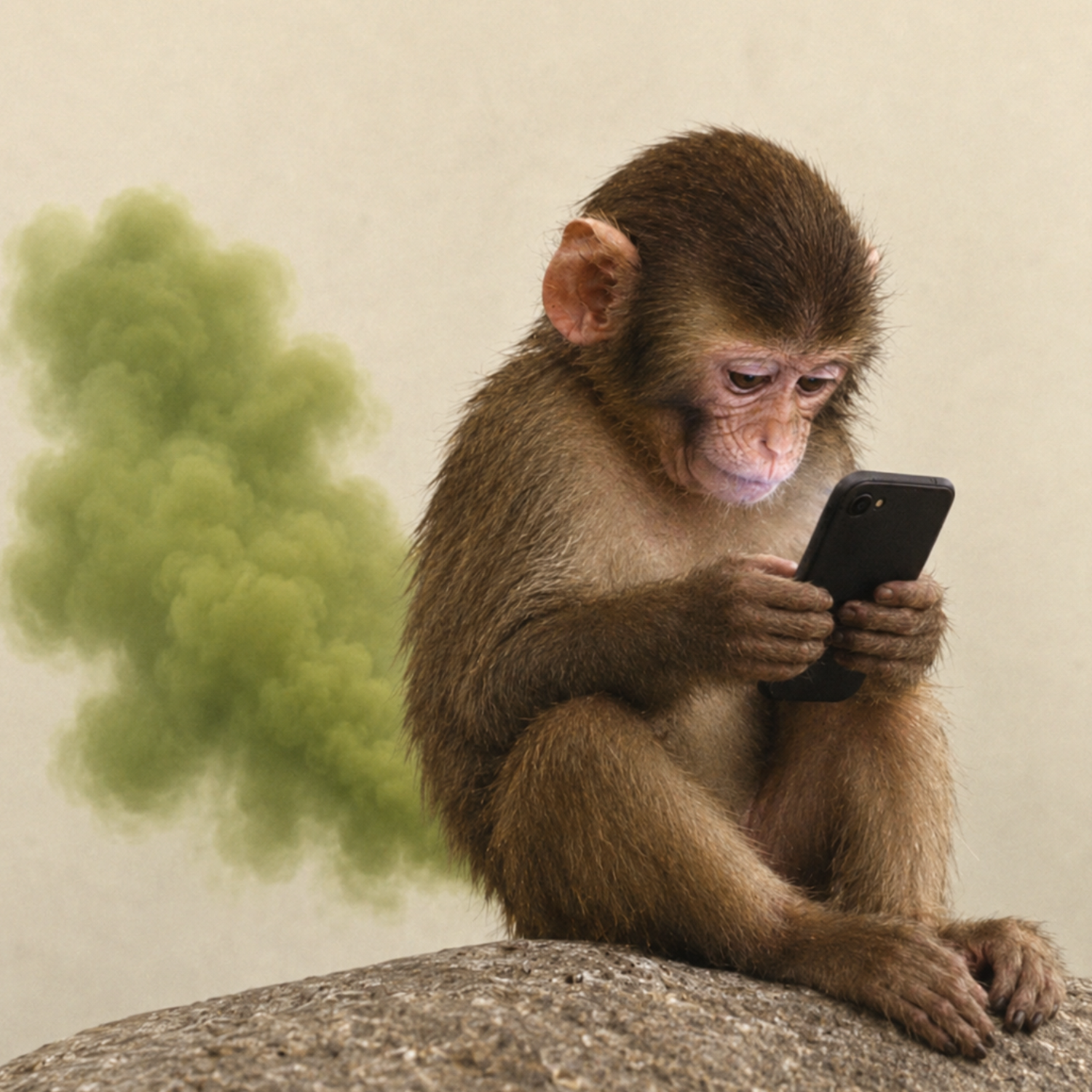 Fartape monkey checking a phone beside a green cloud