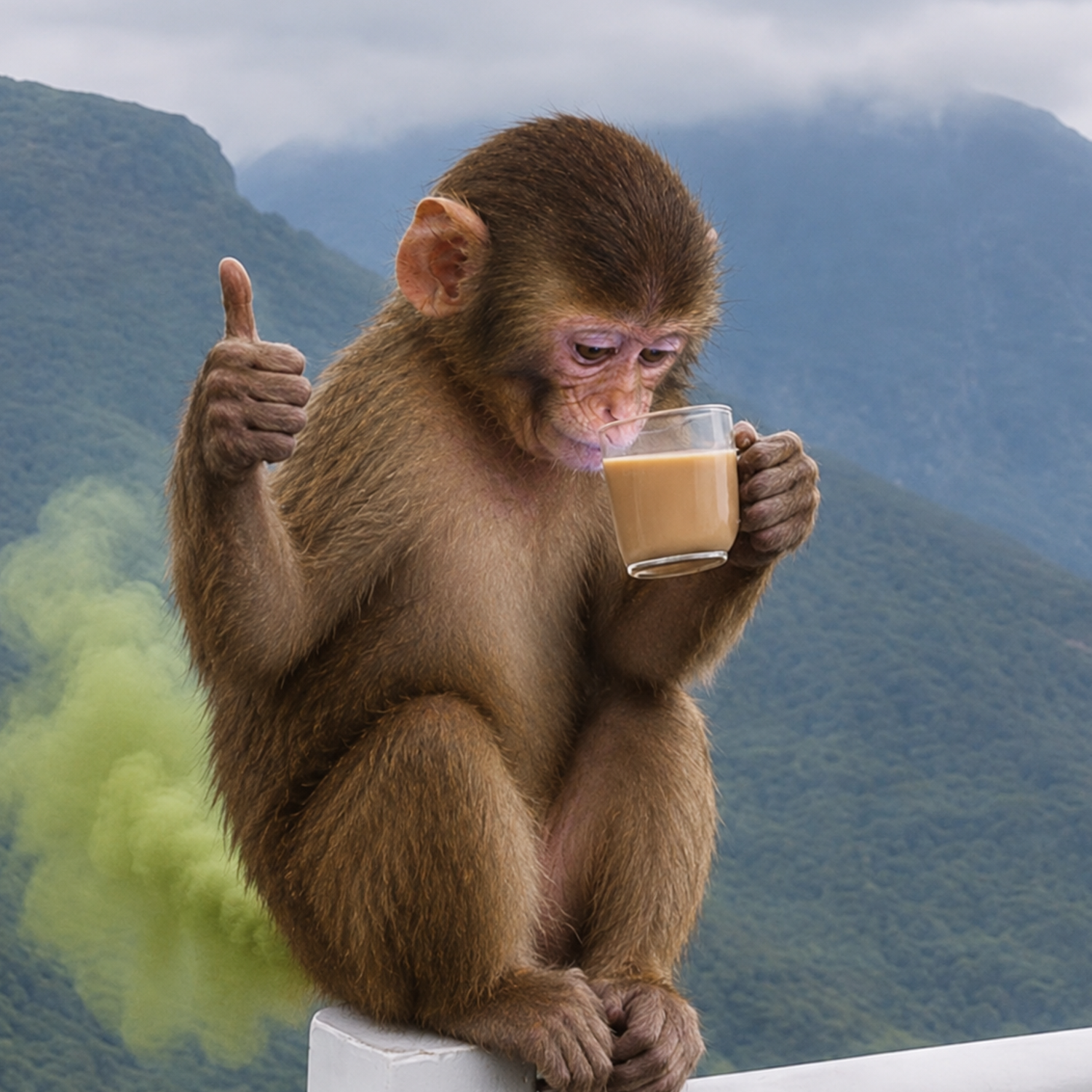 Fartape monkey drinking coffee in the mountains
