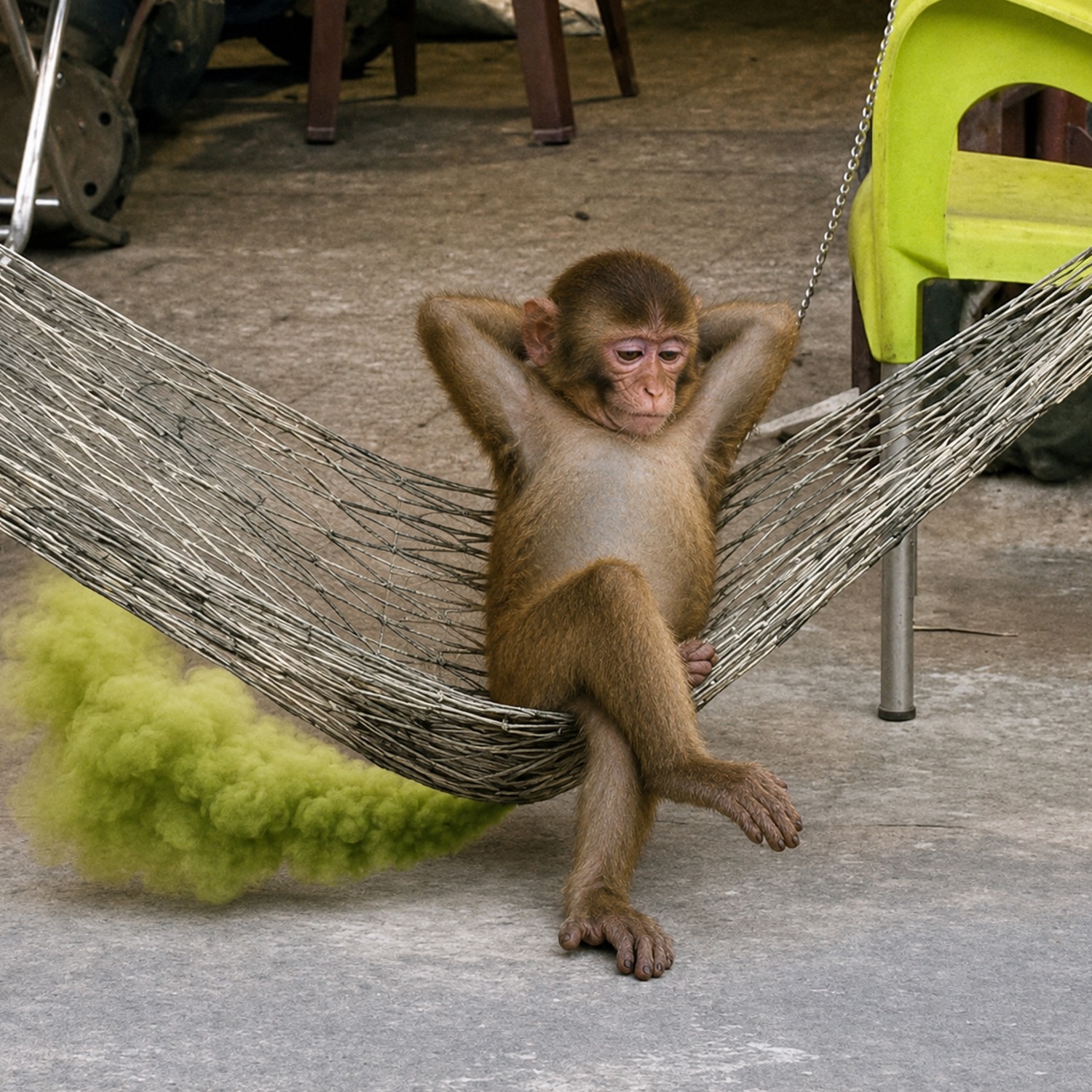 Fartape monkey relaxing in a hammock beside a green cloud