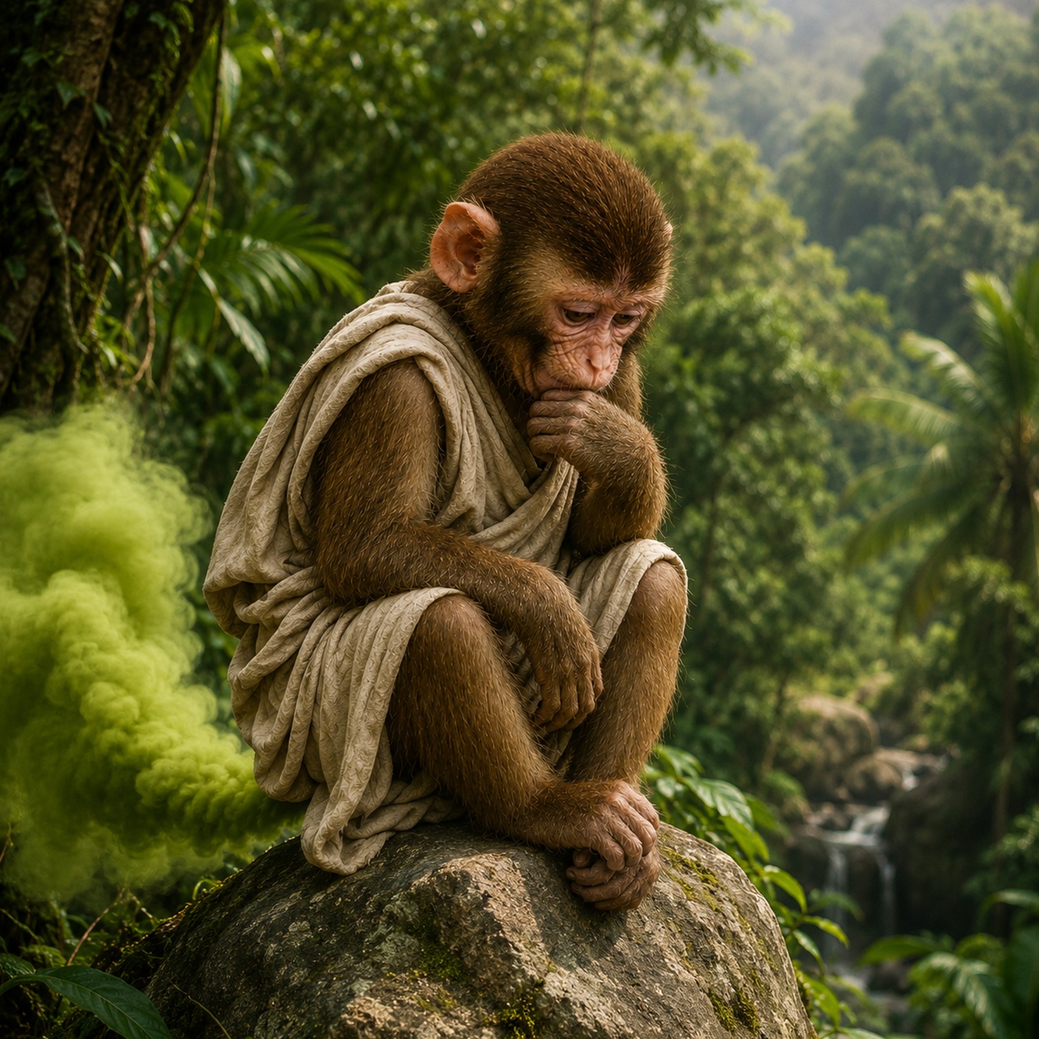Fartape monkey meditating in the jungle